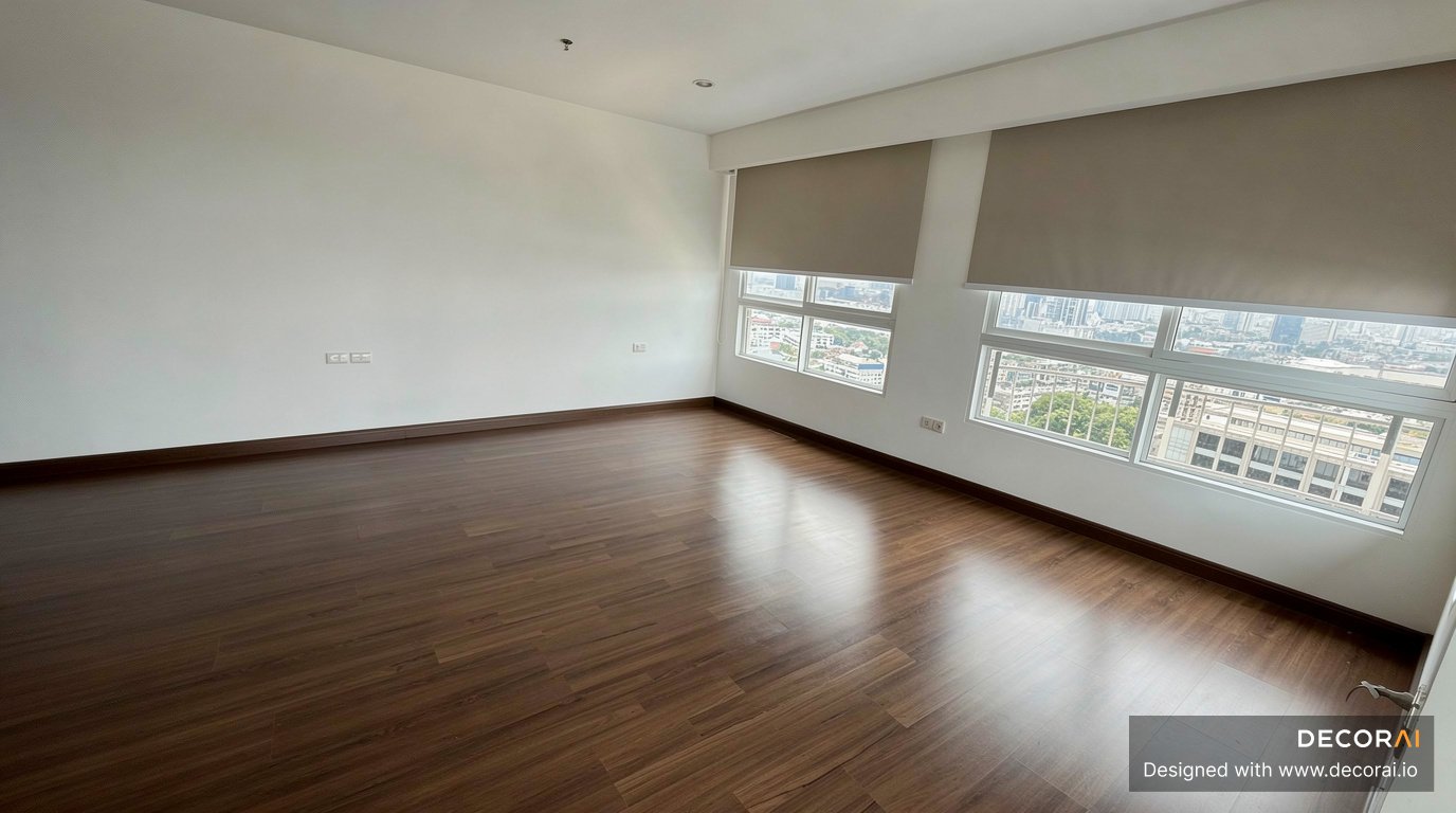 Empty modern apartment room with dark wood floors, white walls, and large city-view windows with roller blinds.