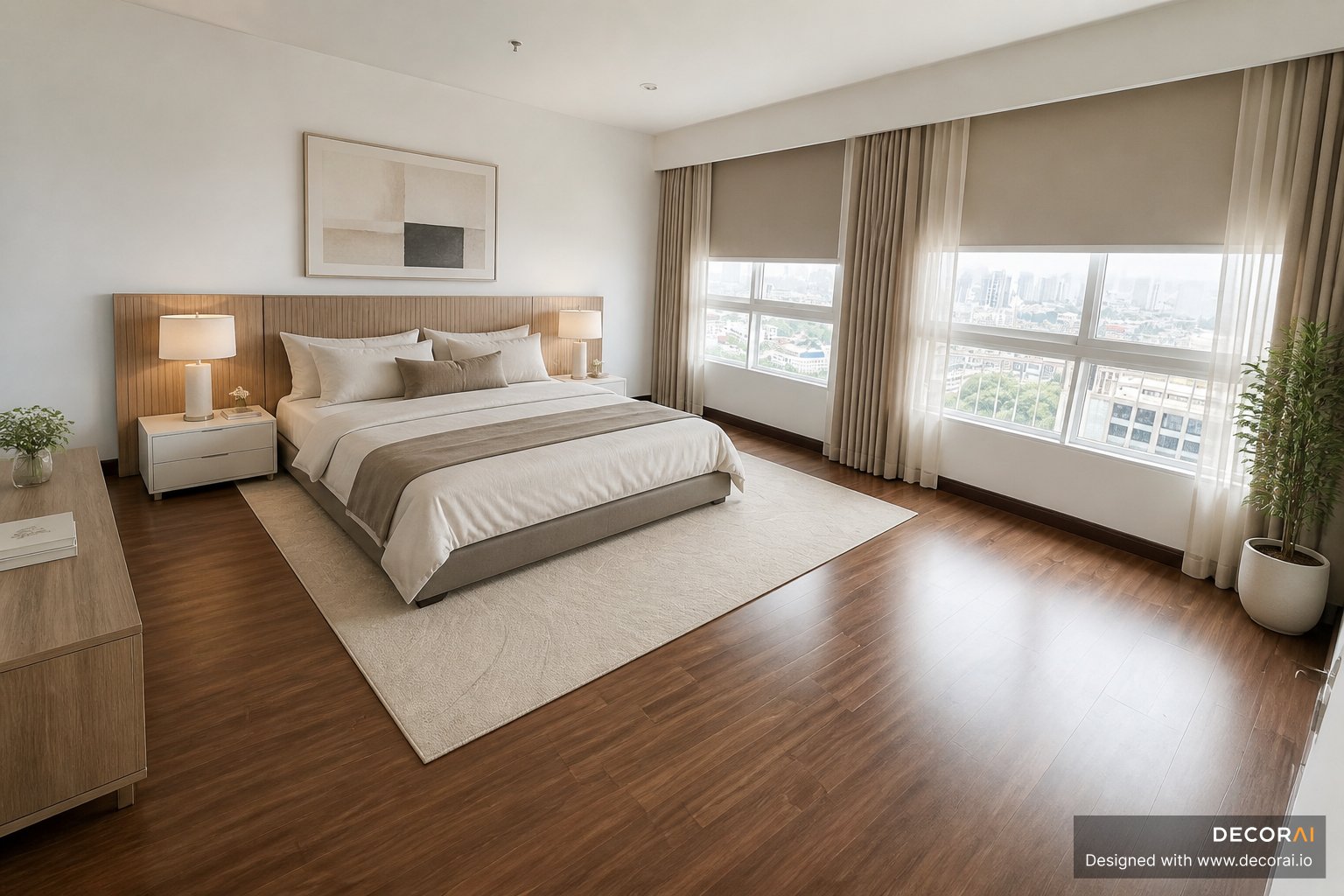 Contemporary apartment bedroom with large windows, neutral beige and white tones, wooden flooring, minimalist furniture, soft lighting, and a calm, airy atmosphere.