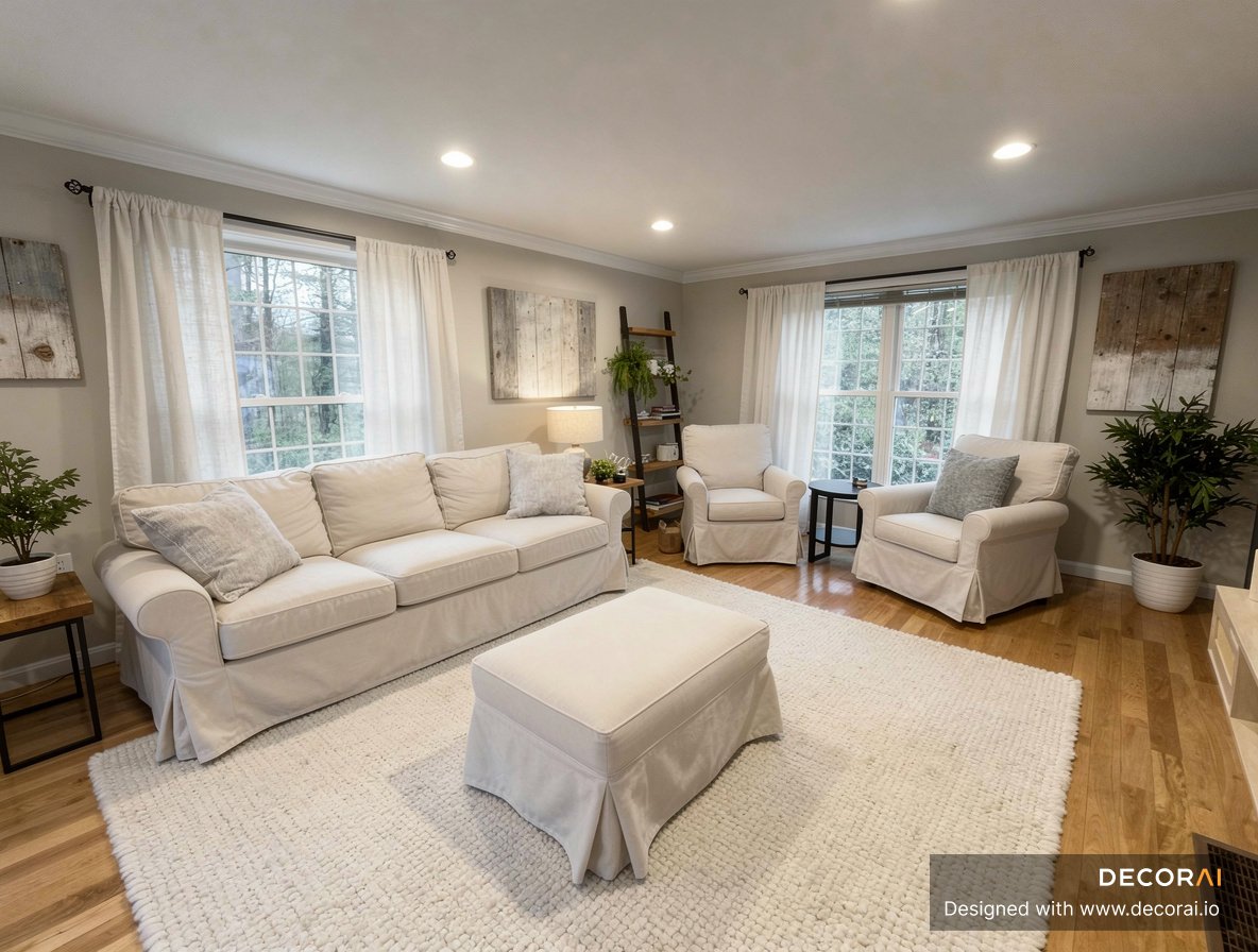 Contemporary living room with neutral beige tones, featuring a large sofa, two armchairs, white textured rug, wooden floors, natural light, and minimalist decor.