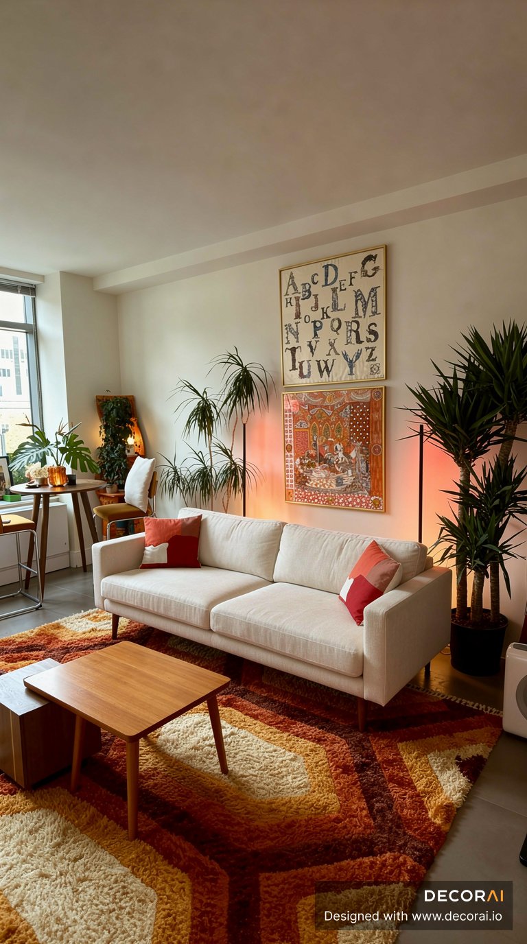 Mid-Century Modern living room with cream sofa, geometric orange and brown rug, wooden coffee table, vibrant artwork, lush green plants, and warm ambient lighting.
