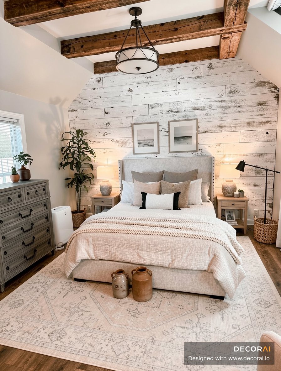 Rustic bedroom with distressed white wood accent wall, exposed dark wooden ceiling beams, neutral beige bedding, wooden furniture, soft lighting.