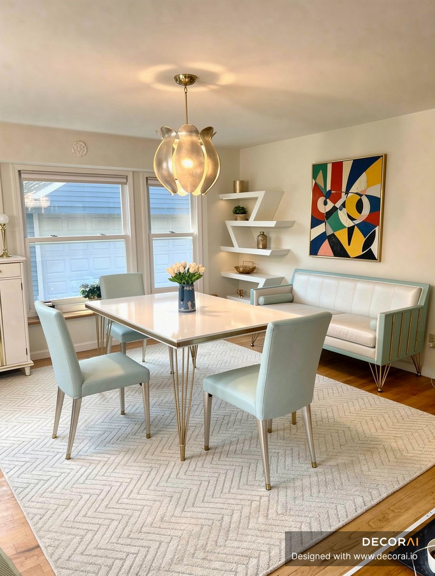 Mid-Century Modern dining room with pastel blue chairs, white dining table, geometric wall art, and sculptural pendant lighting