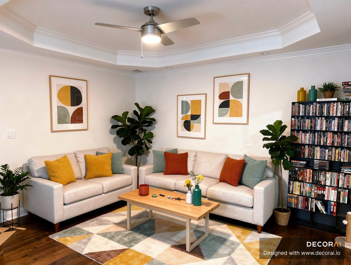 Contemporary living room with light beige sofas, colorful geometric pillows, wooden coffee table, abstract wall art, indoor plants, and warm, inviting atmosphere.