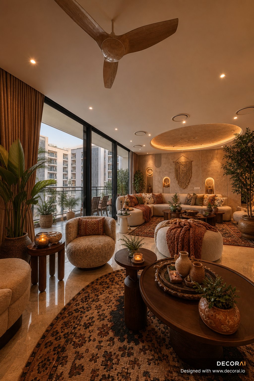 Bohemian apartment living room with warm earth tones, textured cushions, woven wall art, wooden furniture, lush plants, large windows, and warm ambient lighting.