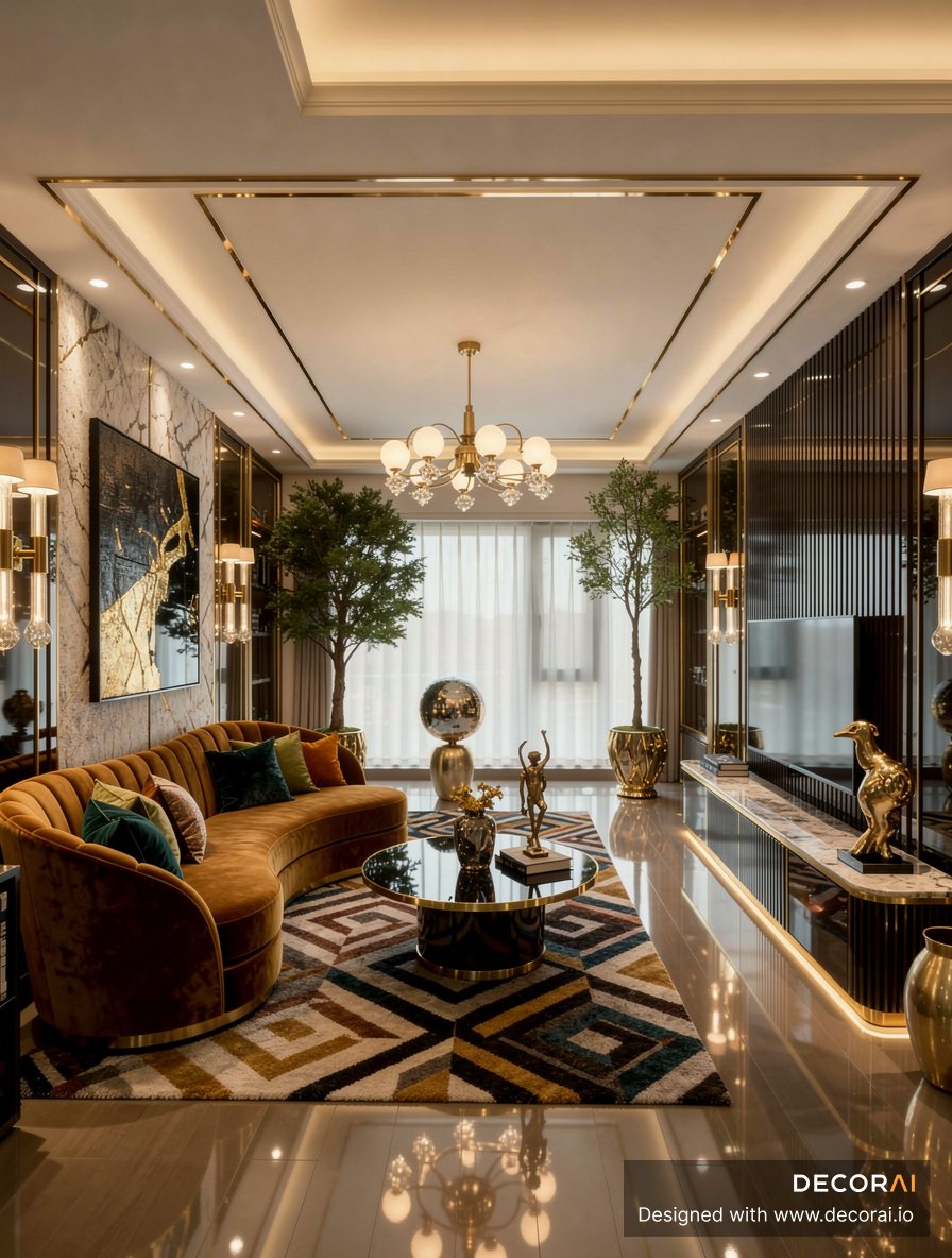Neo Deco living room with curved mustard velvet sofa, geometric patterned rug, gold accents, black marble coffee table, large plants, statement chandelier. and warm ambient lighting.