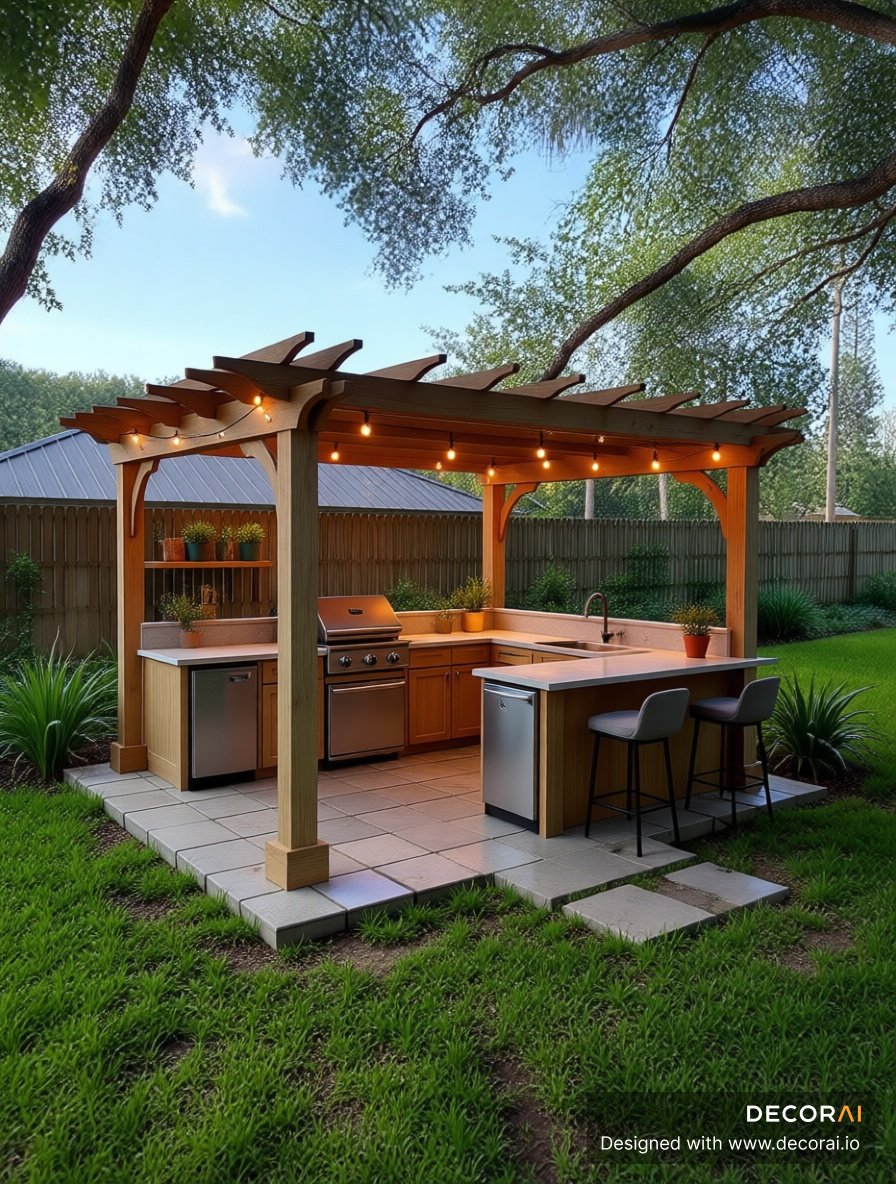 Modern farmhouse backyard kitchen with wood pergola, string lighting, stone countertops, bar seating, and stainless steel grill appliances