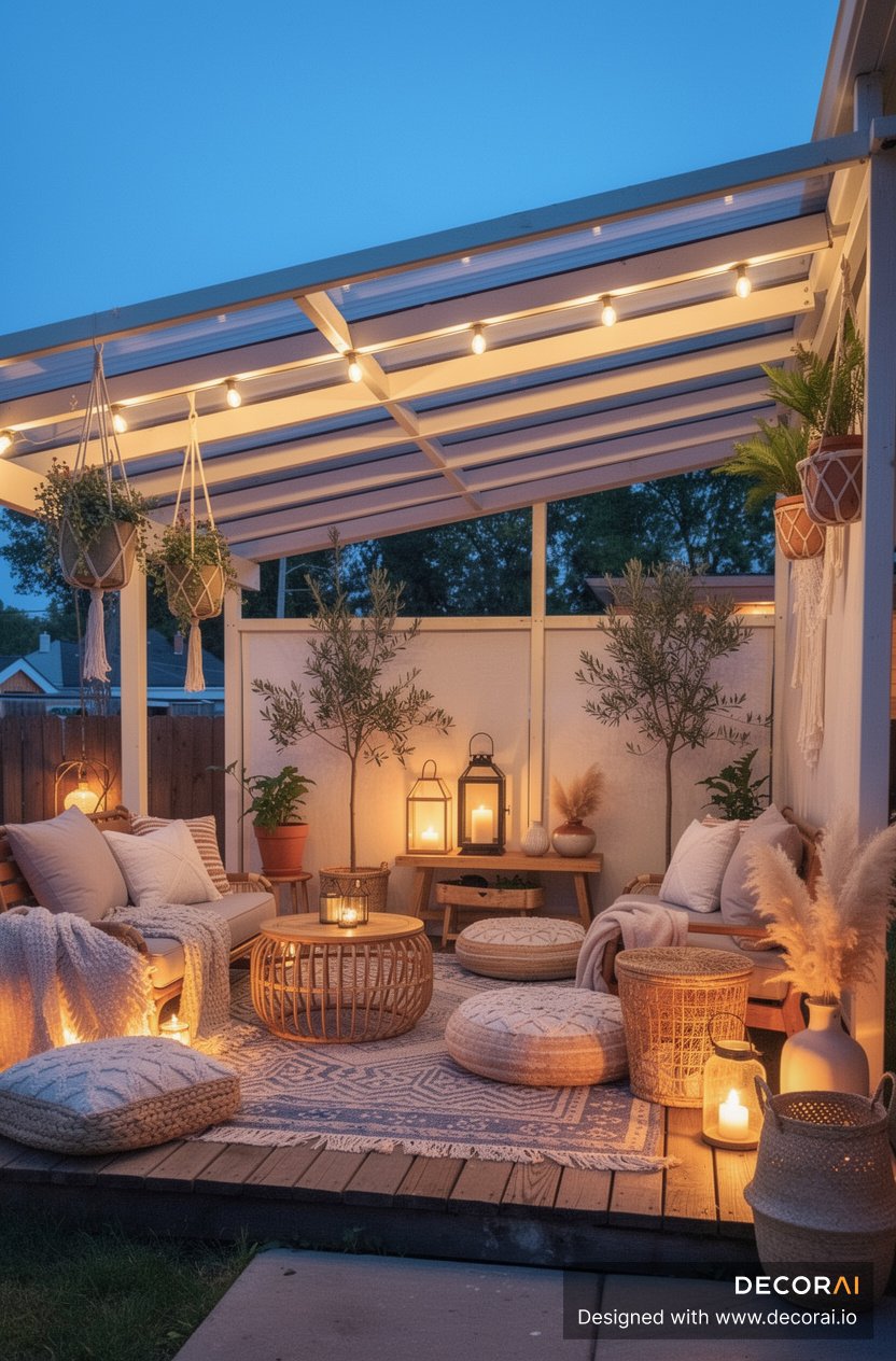 Bohemian backyard patio with cozy seating, woven poufs, hanging plants, warm string lights, and candles creating a relaxed, inviting atmosphere at dusk.