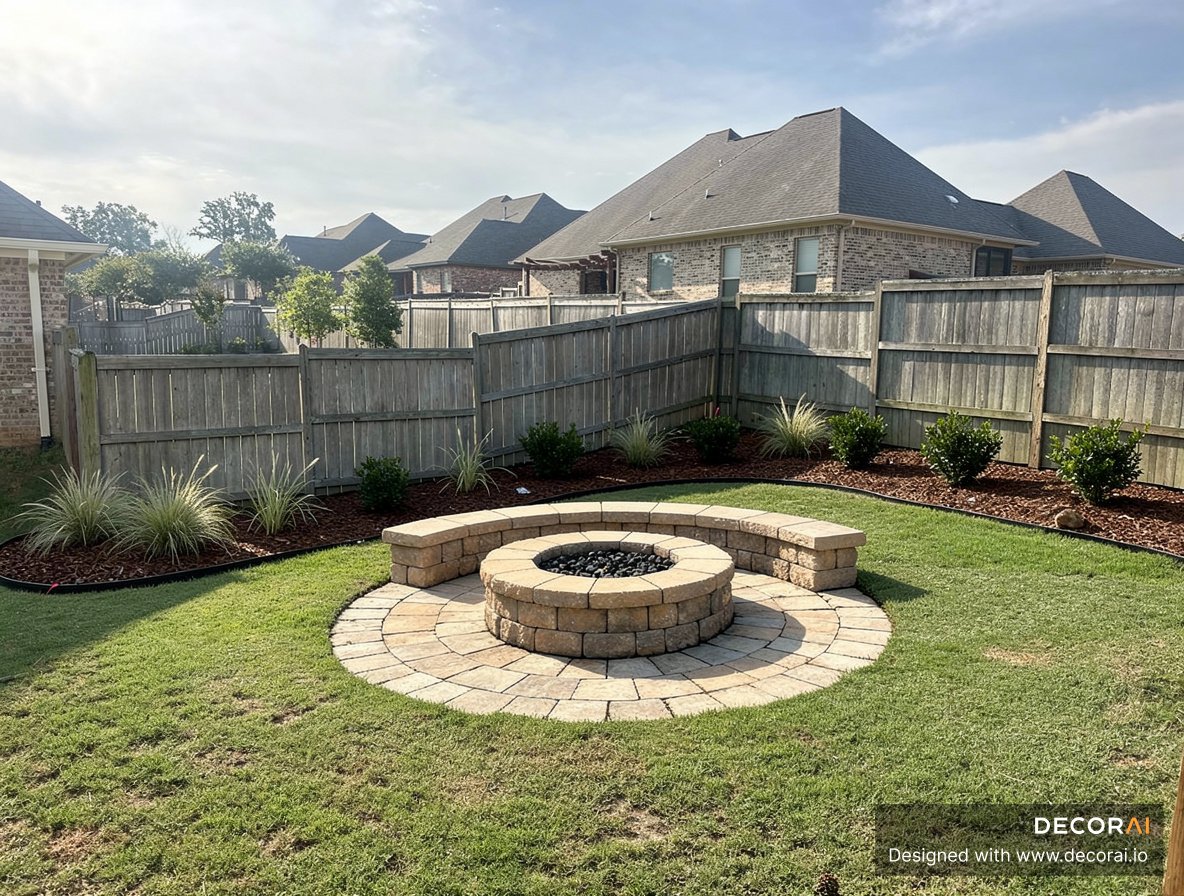 Backyard with circular stone fire pit, curved seating, mulch landscaping, and ornamental grasses