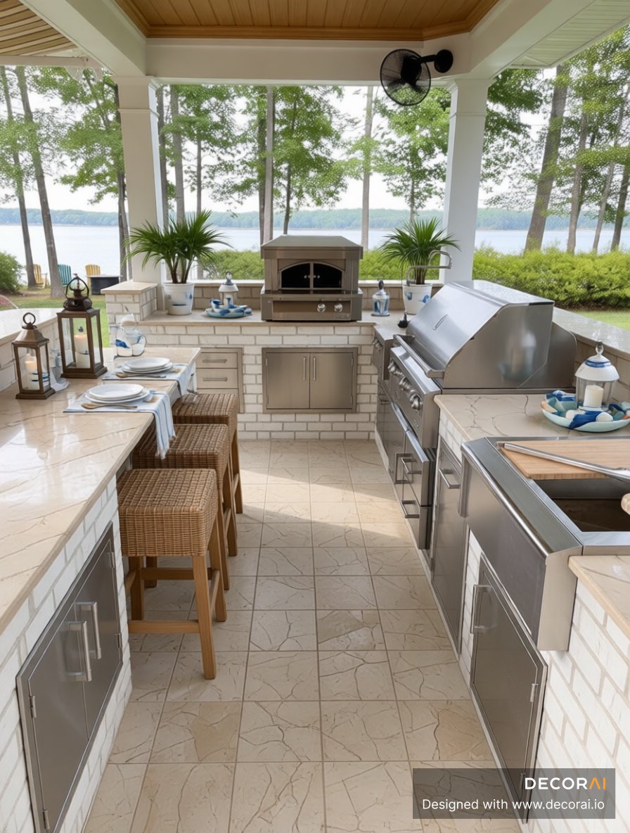 Coastal outdoor kitchen with whitewashed brick, light stone countertops, woven stools, and stainless steel appliances.