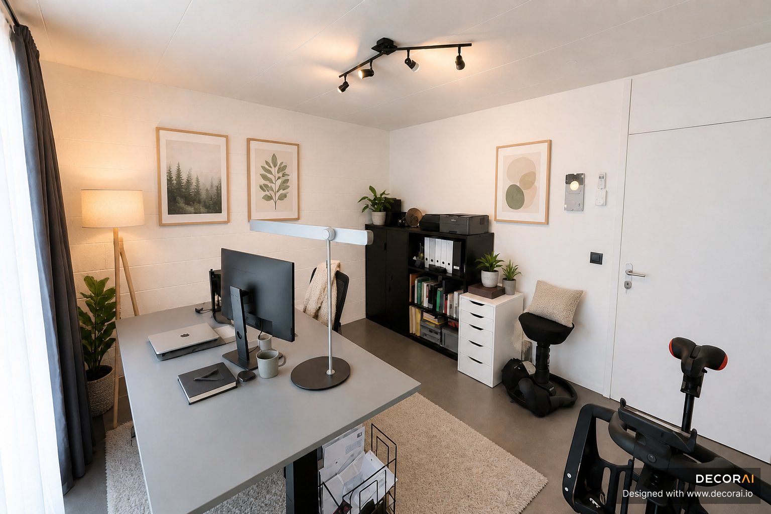 Modern home office with minimalist workspace, soft lighting, natural decor, and cozy neutral styling