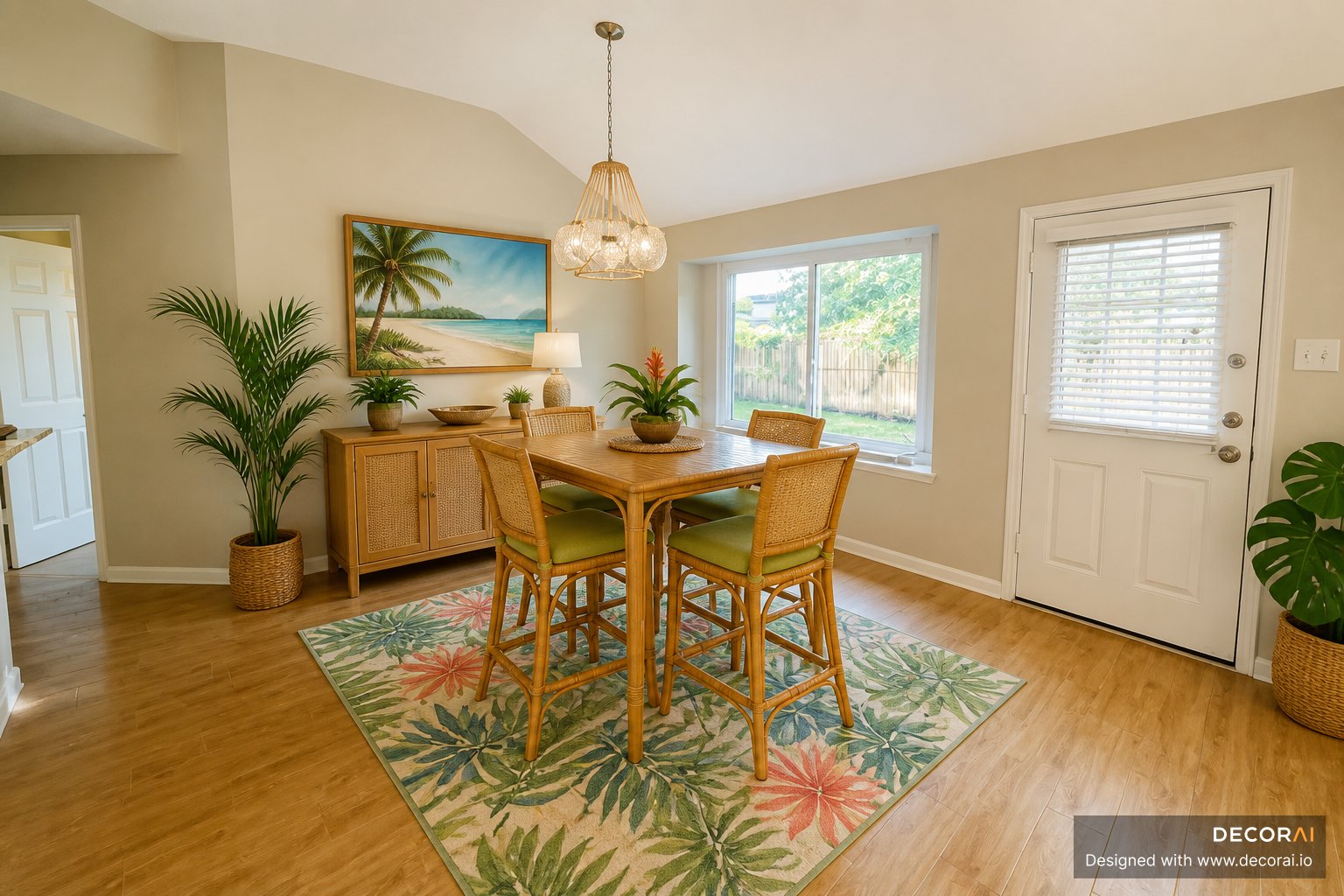 Tropical style dining room with rattan chairs, palm-patterned rug, wood sideboard, plants, and coastal wall art