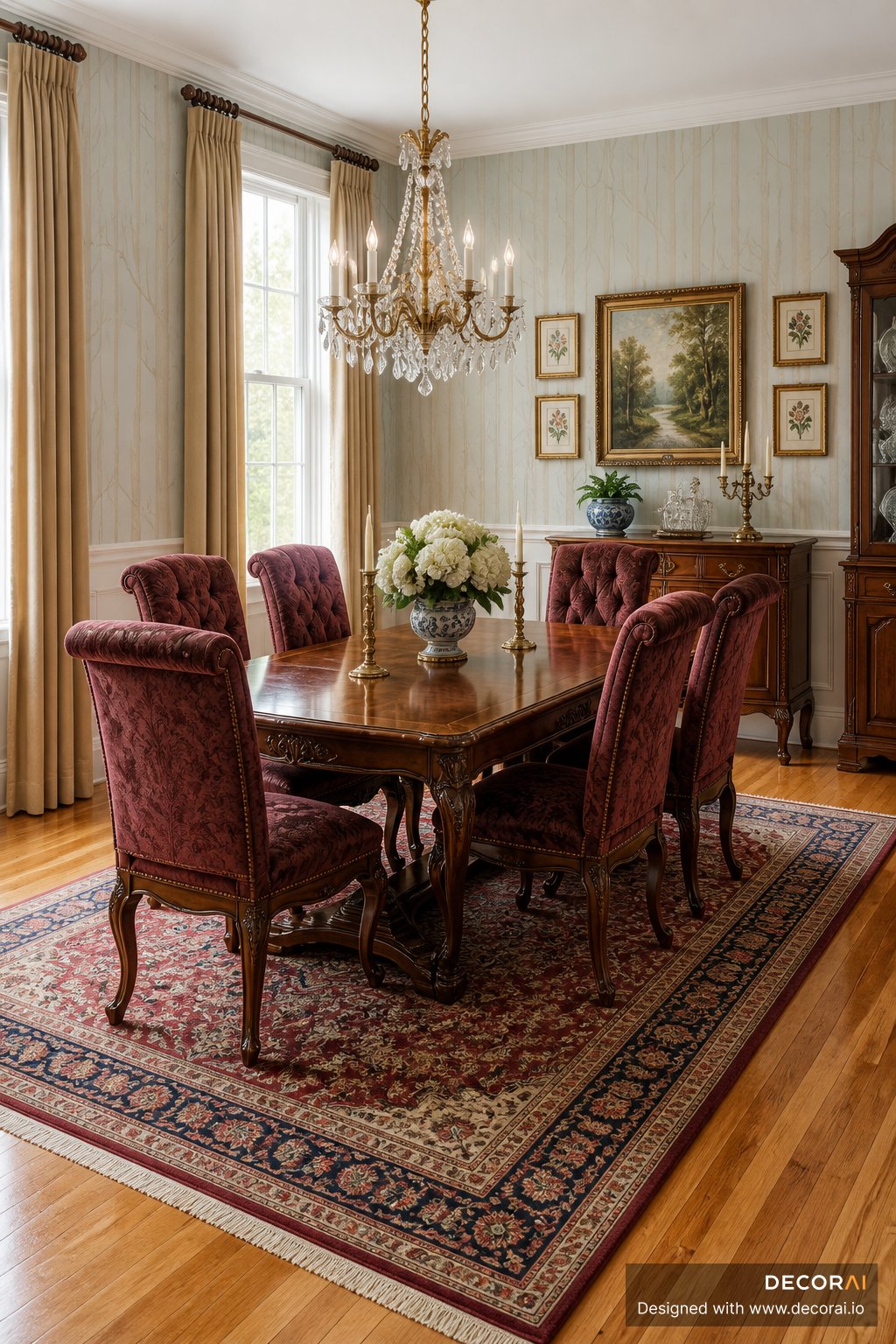 Traditional dining room with velvet upholstered chairs, carved wood table, crystal chandelier, and patterned area rug.