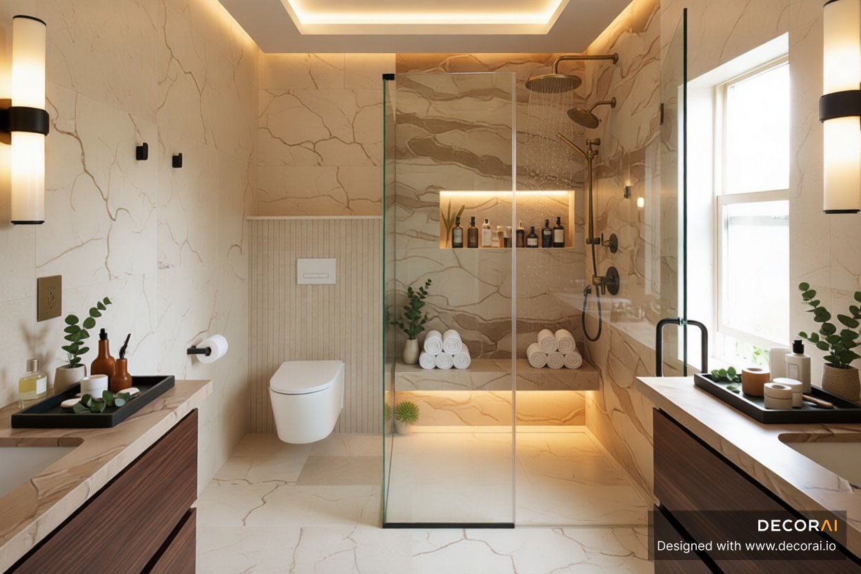 Contemporary bathroom with beige stone walls, floating wood vanities, glass shower enclosure, and warm neutral tones