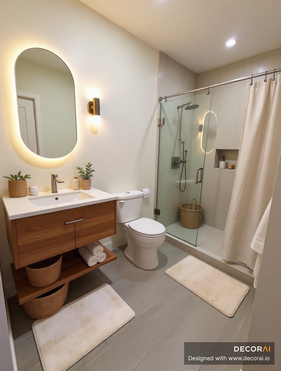 Modern minimalist bathroom with floating wood vanity, backlit mirror, frameless glass shower, woven baskets, and soft neutral decor