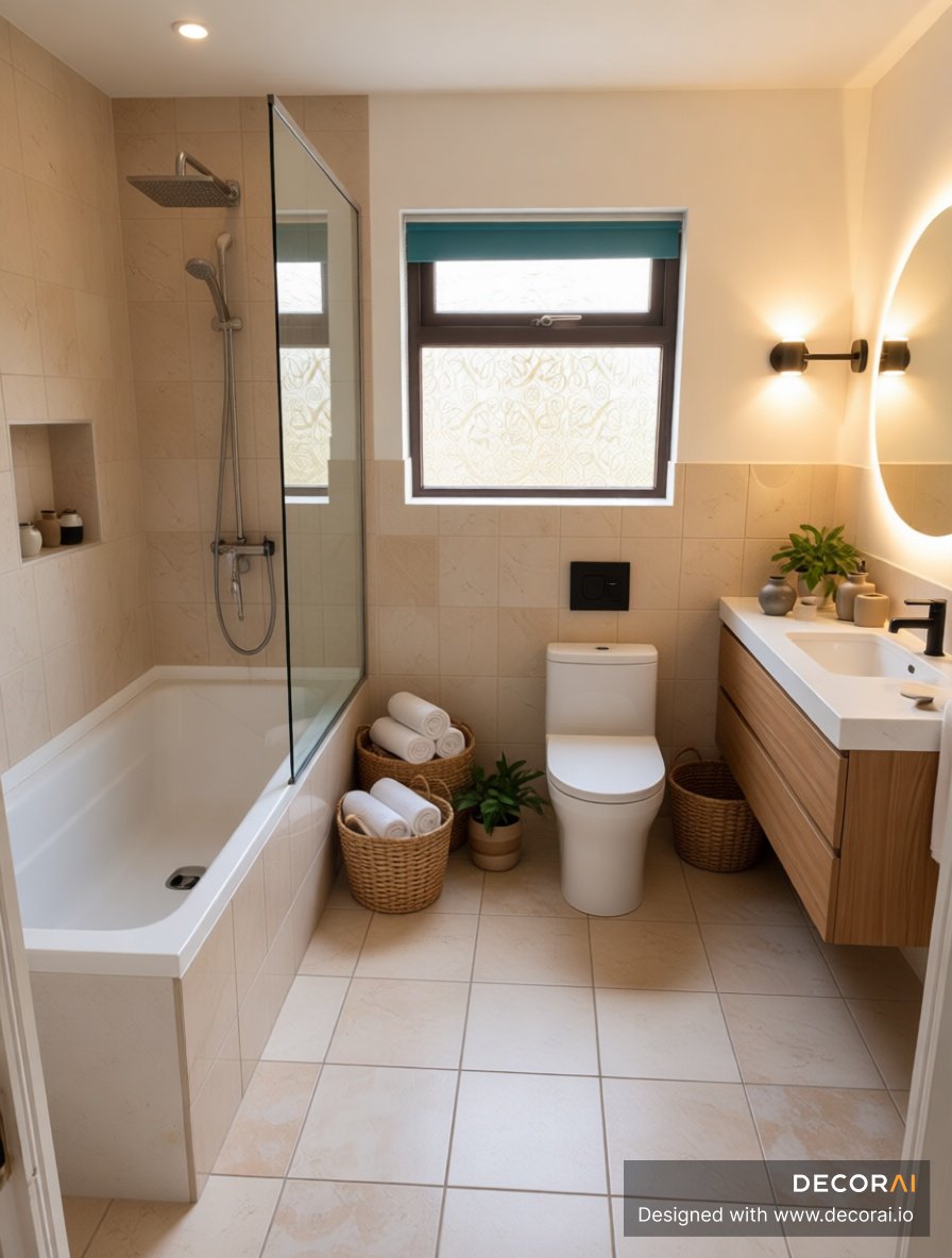 Contemporary bathroom with beige wall tiles, floating wood vanity, black fixtures, and woven storage baskets