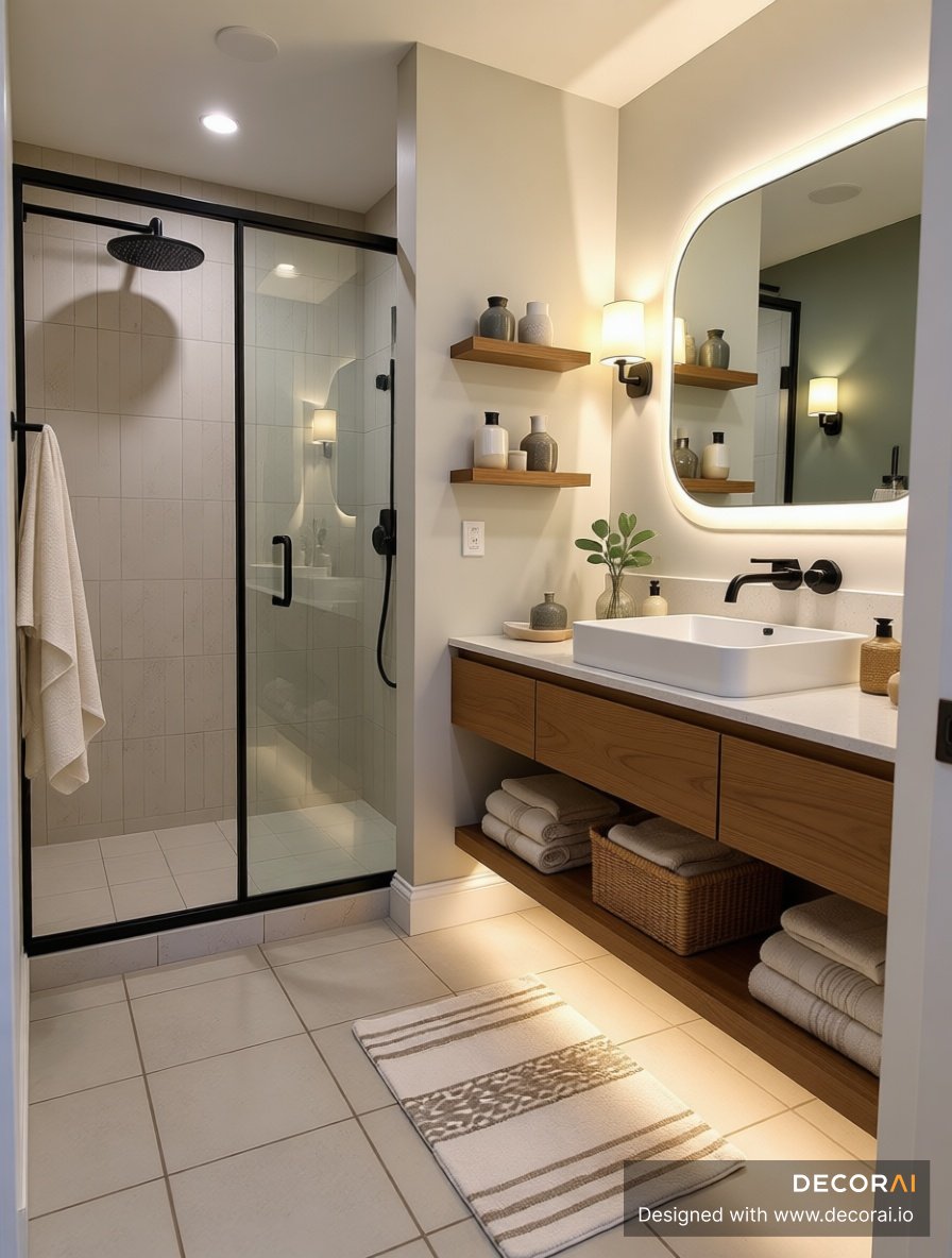 Modern bathroom with floating wood vanity, black framed shower glass, beige wall tiles, and open shelving