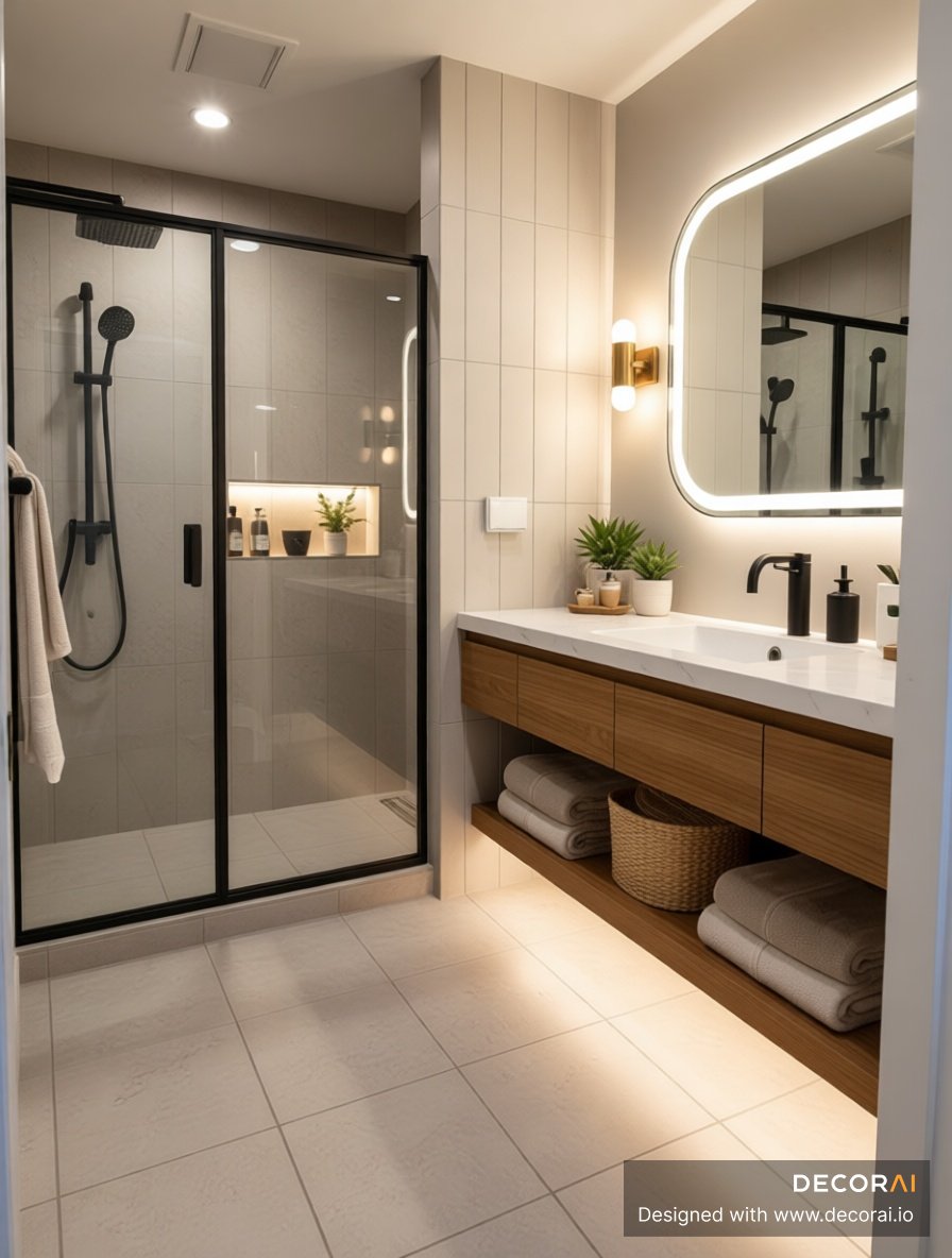 Modern bathroom with floating wood vanity, black framed shower enclosure, beige wall panels, and recessed shelf lighting