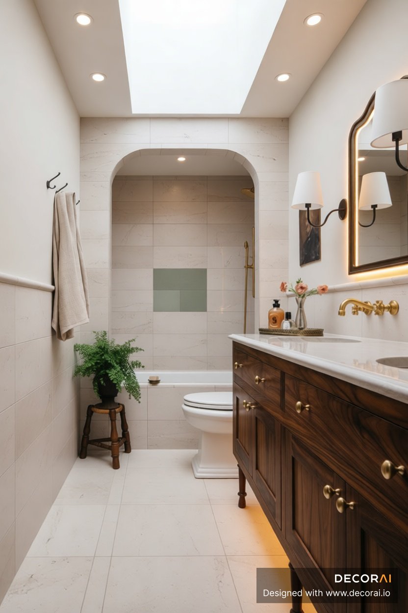 Contemporary bathroom with beige wall tiles, walnut vanity, brass fixtures, and arched shower niche