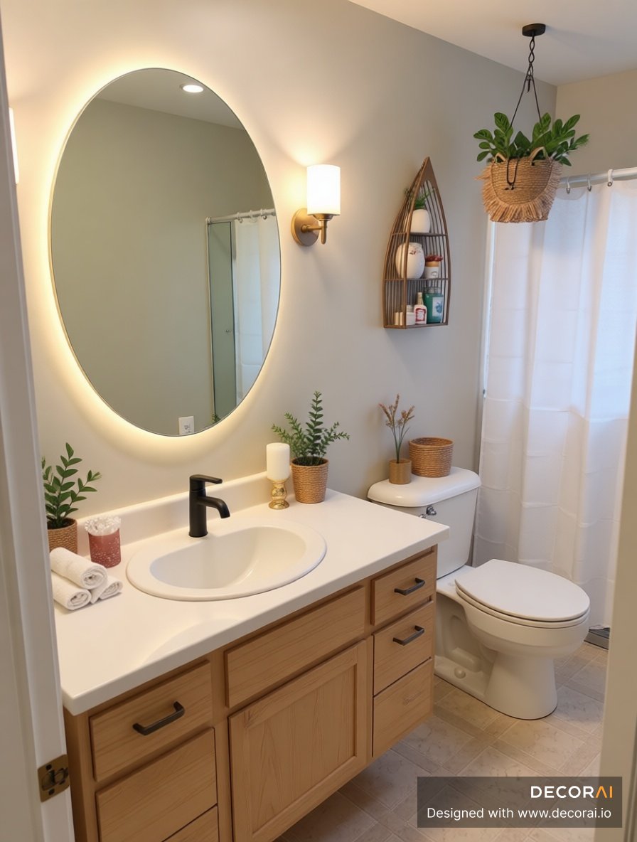 Scandinavian bathroom with light wood vanity, backlit oval mirror, neutral walls, and minimal decor accents