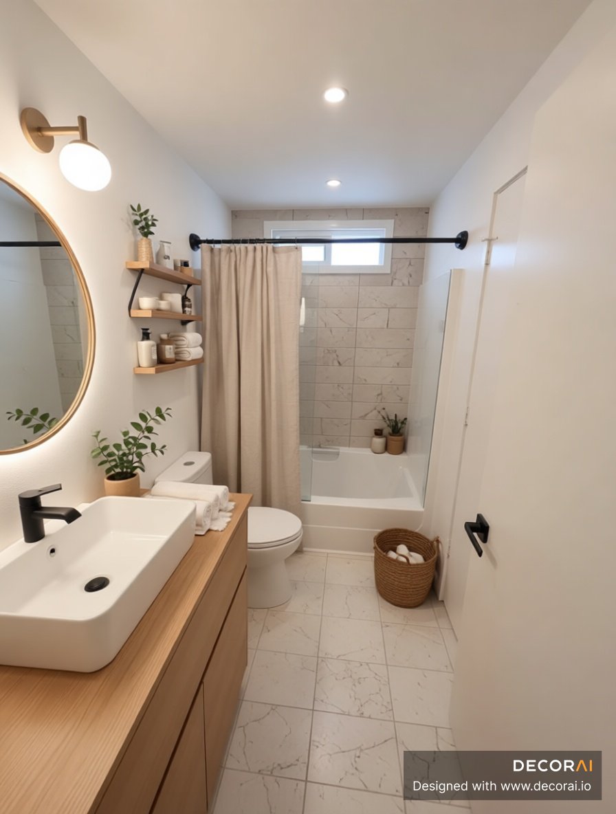 Modern Scandinavian bathroom with light oak vanity, open wood shelving, stone wall tiles, and woven basket storage