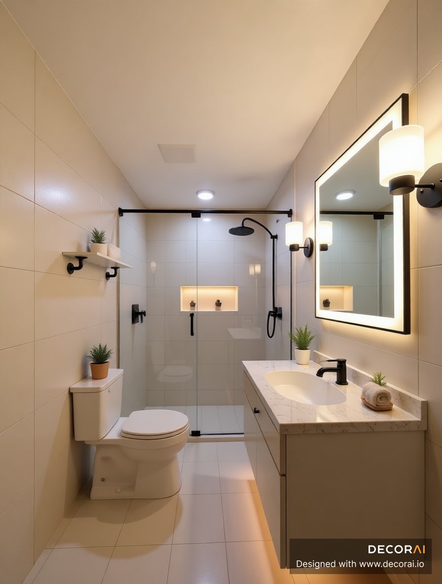 Modern minimalist bathroom with beige wall tiles, black framed glass shower, backlit mirror, and matte black fixtures