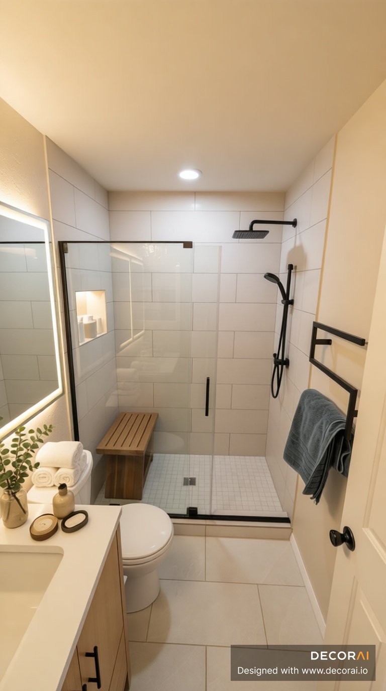Contemporary bathroom with beige wall tiles, frameless glass shower, floating teak bench, and matte black fixtures