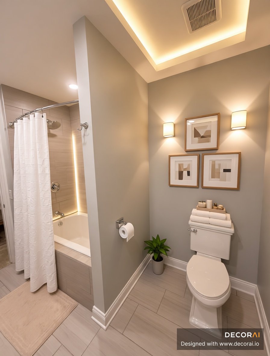 Contemporary spa bathroom with warm wall sconces, framed artwork, beige walls, and white textured shower curtain.