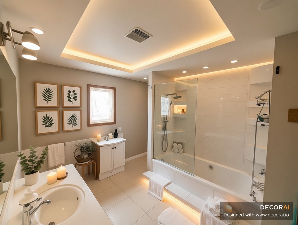 Contemporary bathroom with warm cove lighting, glass-enclosed bathtub shower, white tile walls, and soft beige finishes.