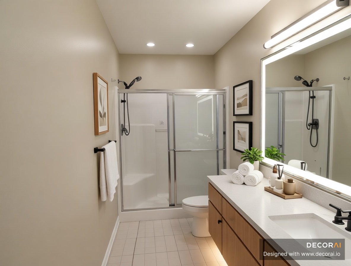 Modern bathroom with light wood vanity, frameless shower enclosure, soft mirror lighting, and beige wall finishes.