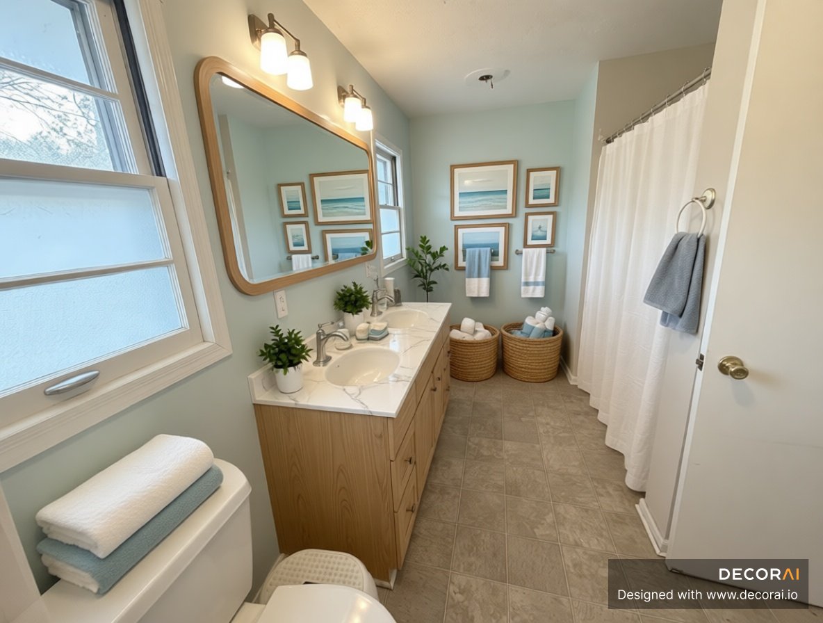 Coastal contemporary bathroom with light oak vanity, woven baskets, beige walls, and white linen shower curtain