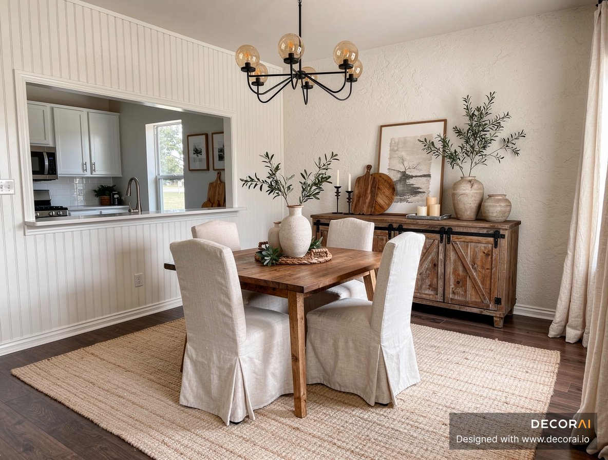 Modern Farmhouse dining room with rustic wood table, linen slipcovered chairs, woven rug, and black chandelier