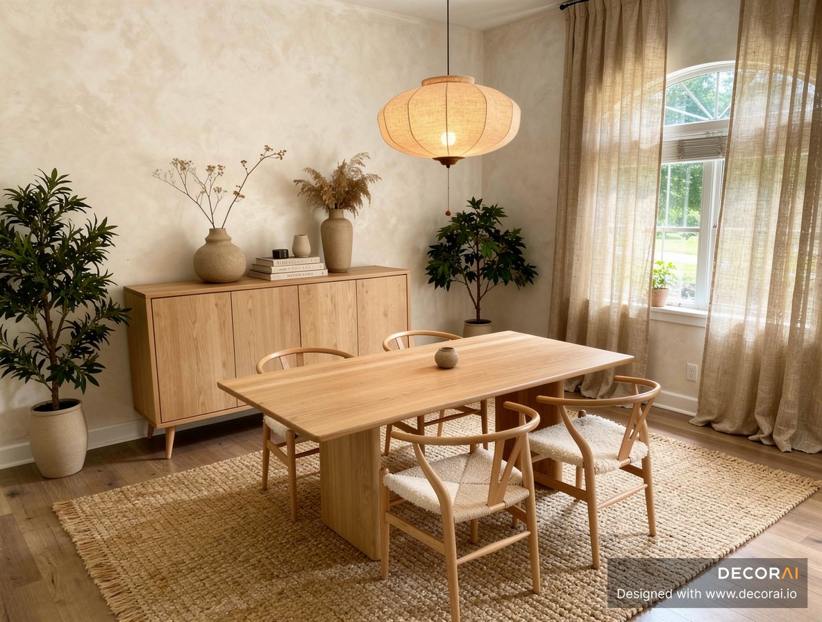 Japandi dining room with natural wood table, woven rug, linen curtains, and neutral earthy decor.