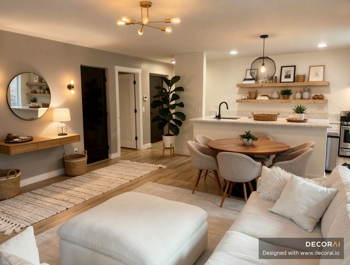 Contemporary open-concept living room with round dining table, floating shelves, warm wood accents, and neutral decor