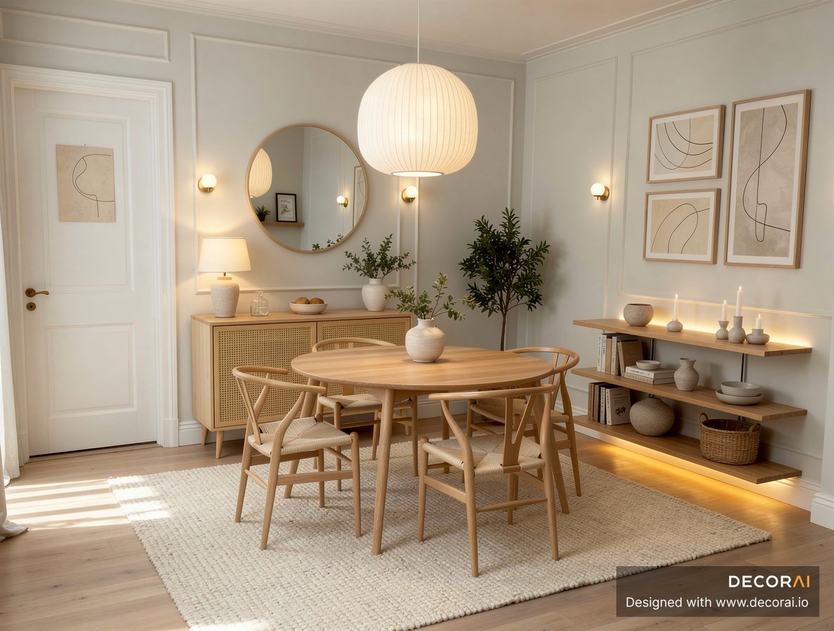 Scandinavian dining room with oak table, woven chairs, paper pendant light, and floating wood shelves