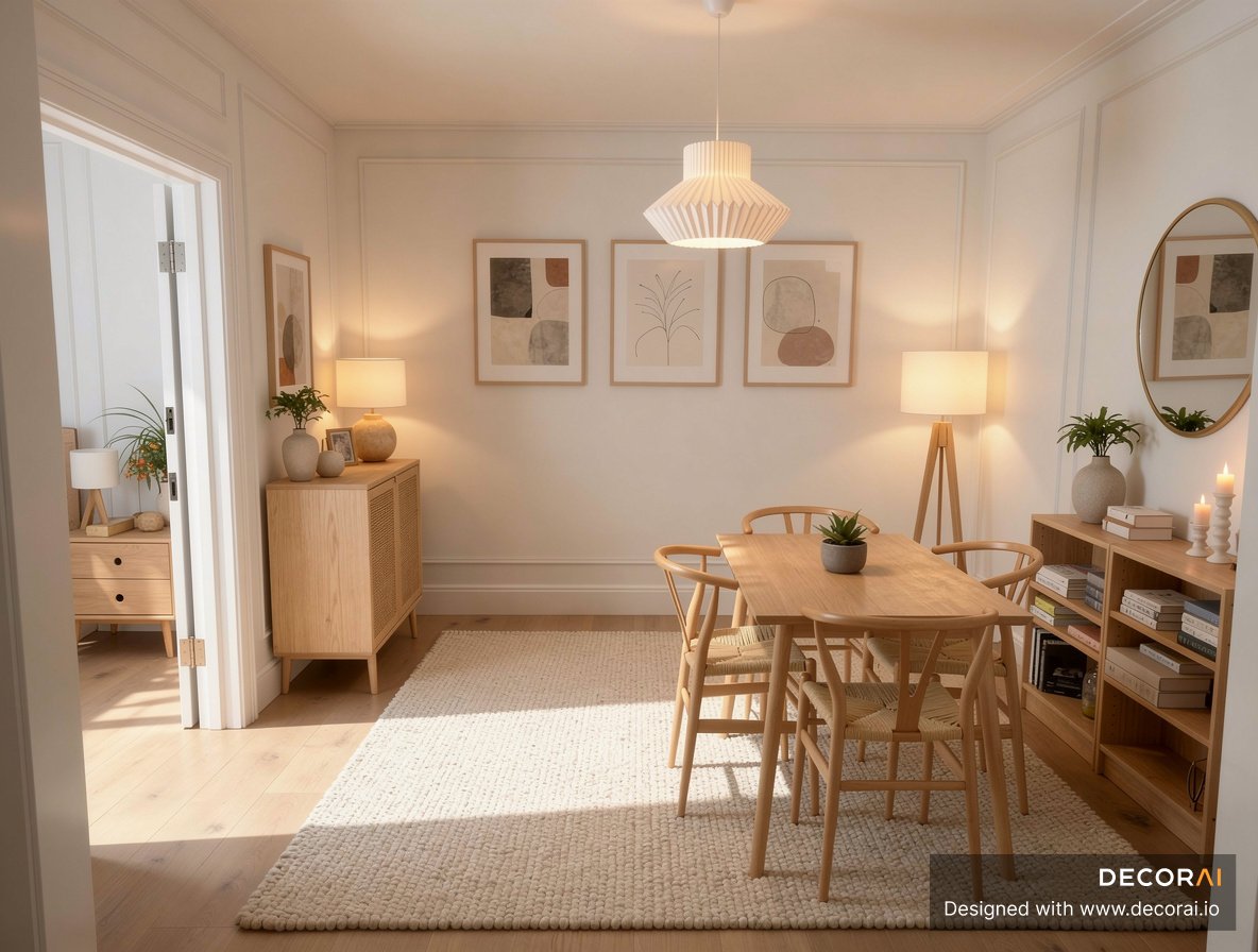 Japandi dining room with light oak dining table, woven chairs, neutral rug, and soft ambient lighting