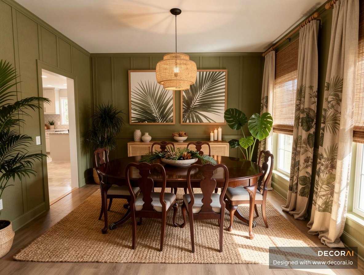 Modern tropical dining room with olive green wall paneling, woven pendant light, botanical artwork, and natural textures