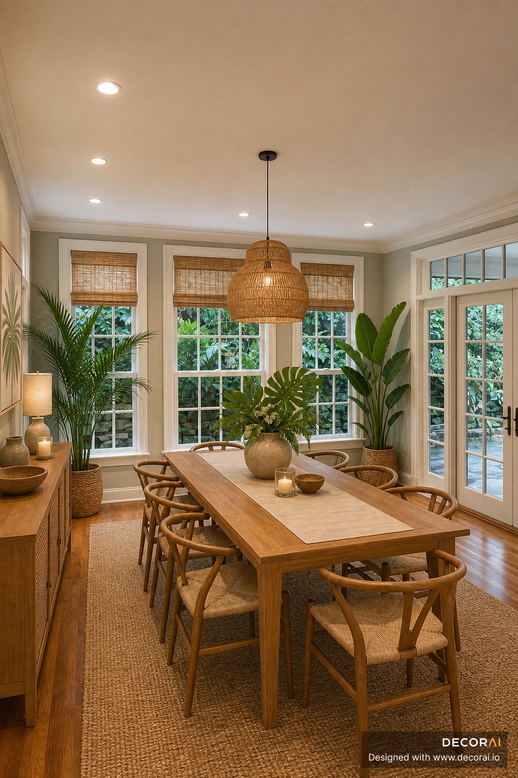 Modern tropical dining room with woven pendant lighting, wood dining table, tropical plants, and rattan dining chairs
