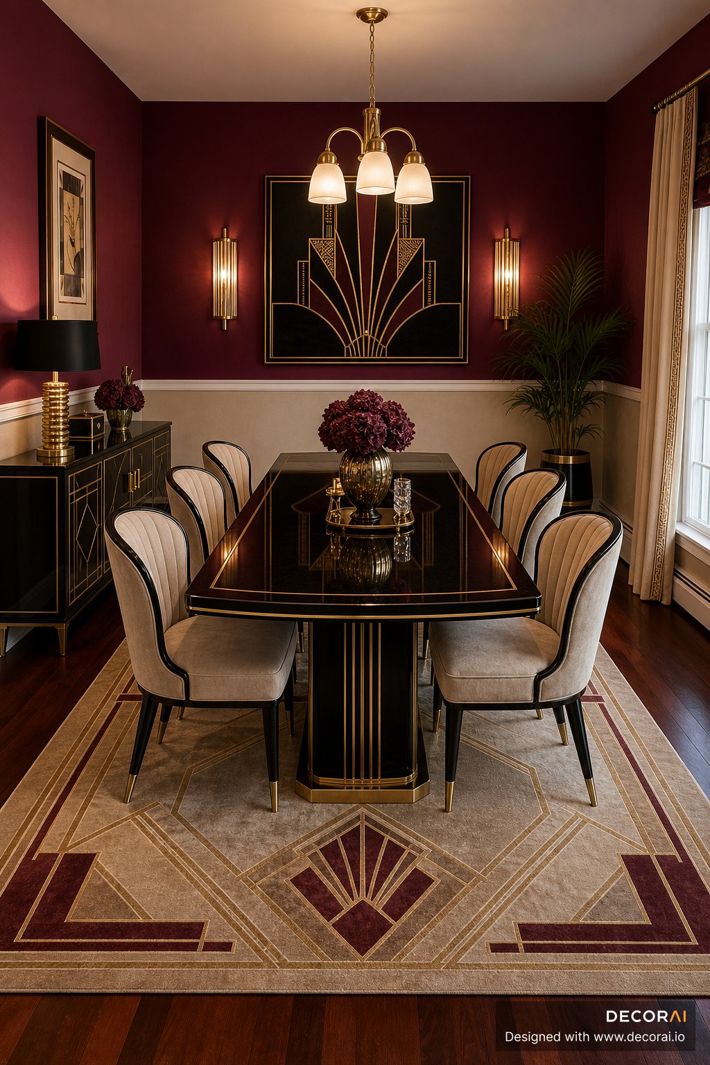 Art Deco dining room with black lacquer dining table, velvet chairs, gold accents, and geometric wall art
