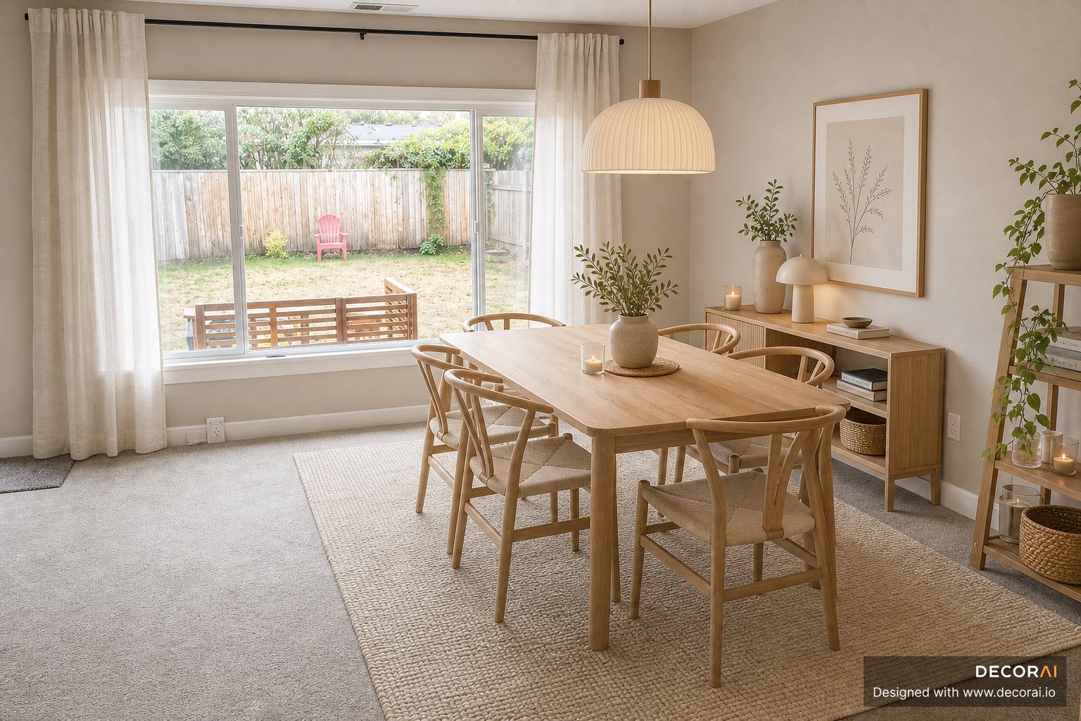 Japandi dining room with light oak dining table, woven rug, linen curtains, and neutral decor accents