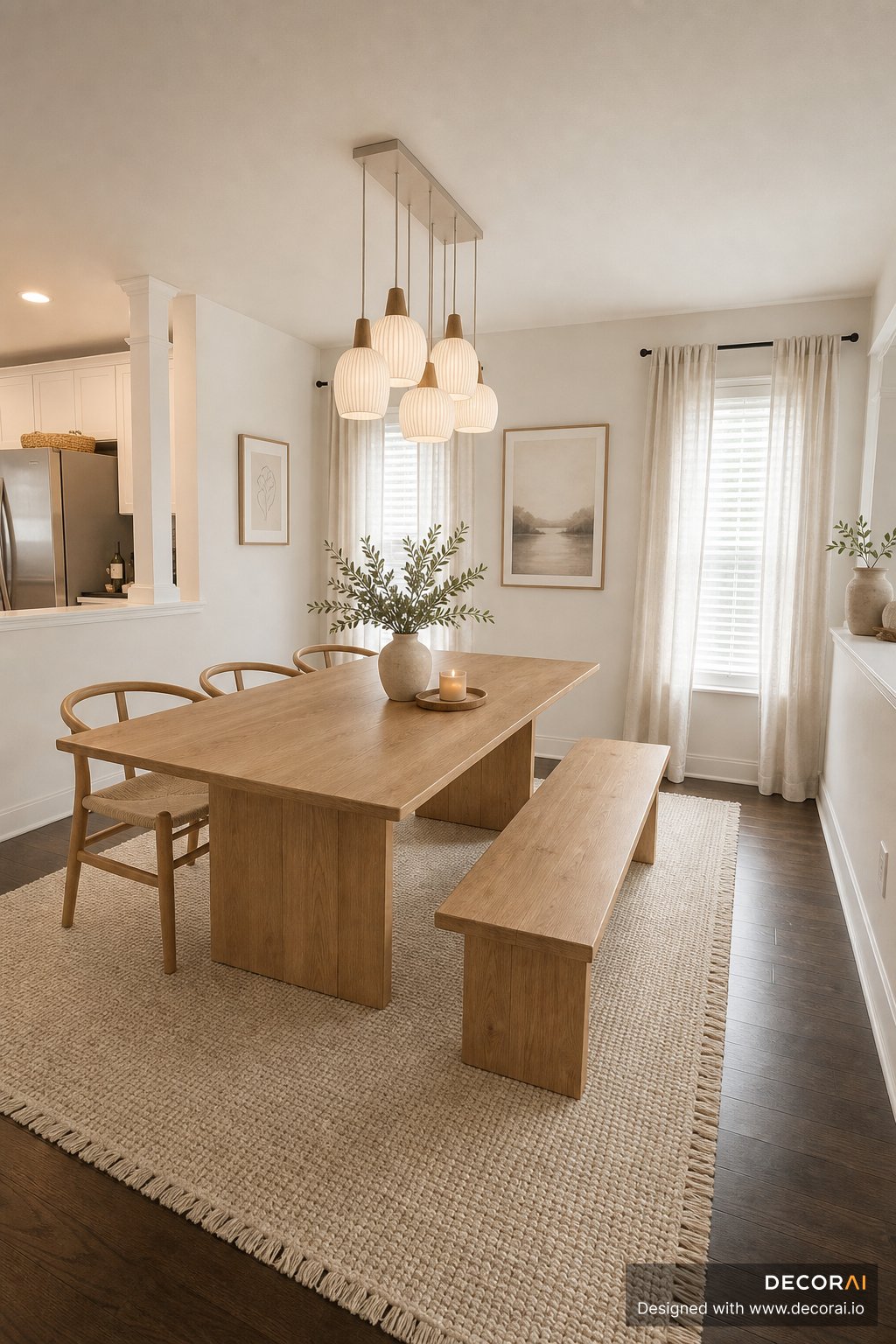 Japandi dining room with light wood dining table, woven rug, paper pendant lights, and neutral decor