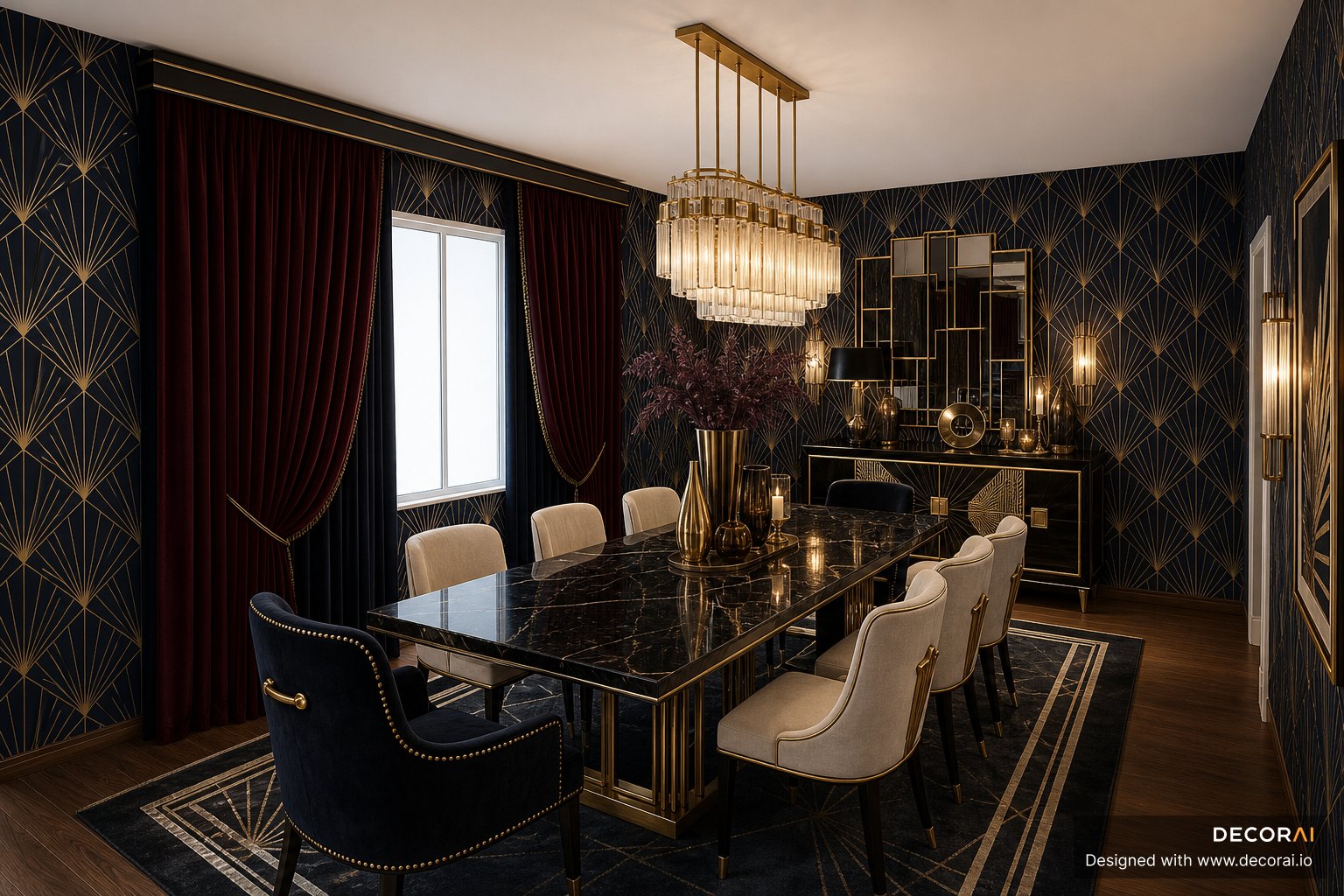 Art Deco dining room with black marble dining table, velvet chairs, gold accents, and geometric wallpaper
