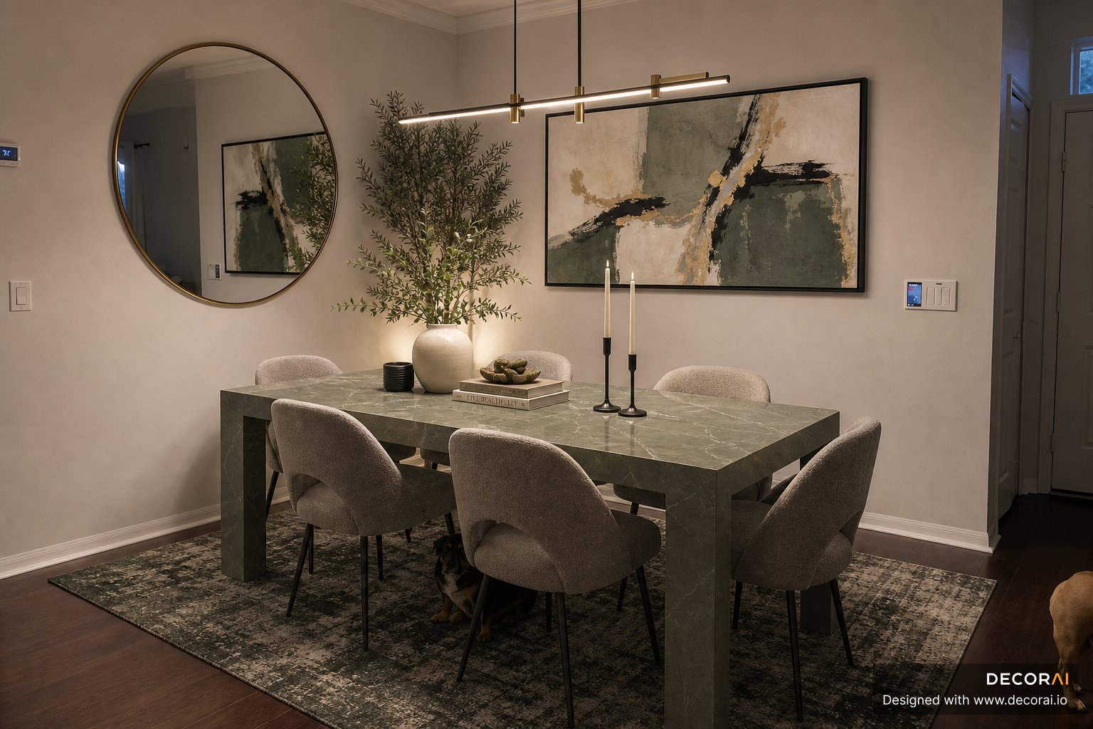 Modern dining room with sage green marble table, boucle dining chairs, abstract wall art, and brass linear lighting
