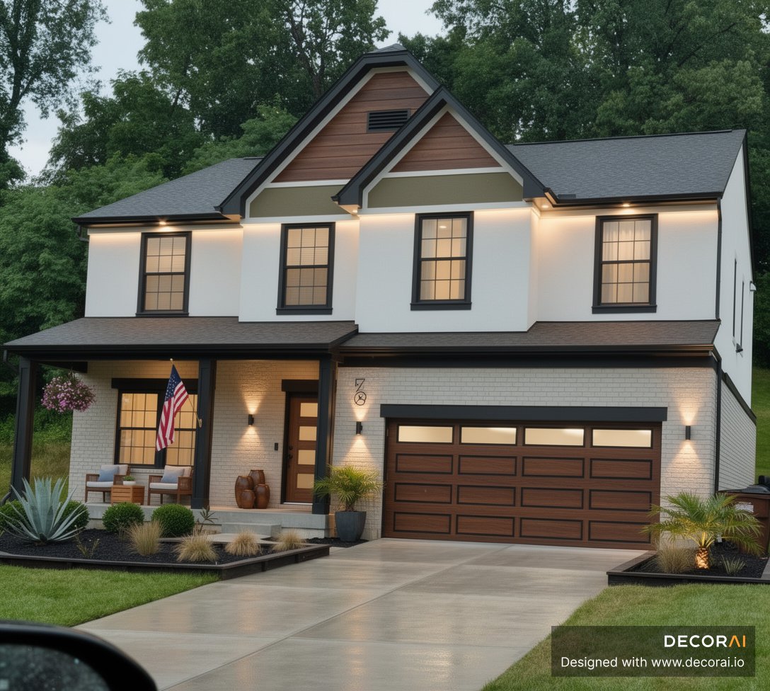 Mid-Century Modern house exterior with wood garage door accents, matte black trim, white stucco walls, and modern landscaping