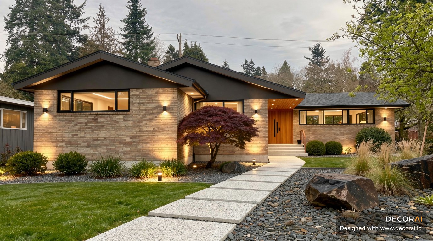 Mid Century Modern house exterior with charcoal rooflines, warm brick facade, modern landscaping, and illuminated pathway