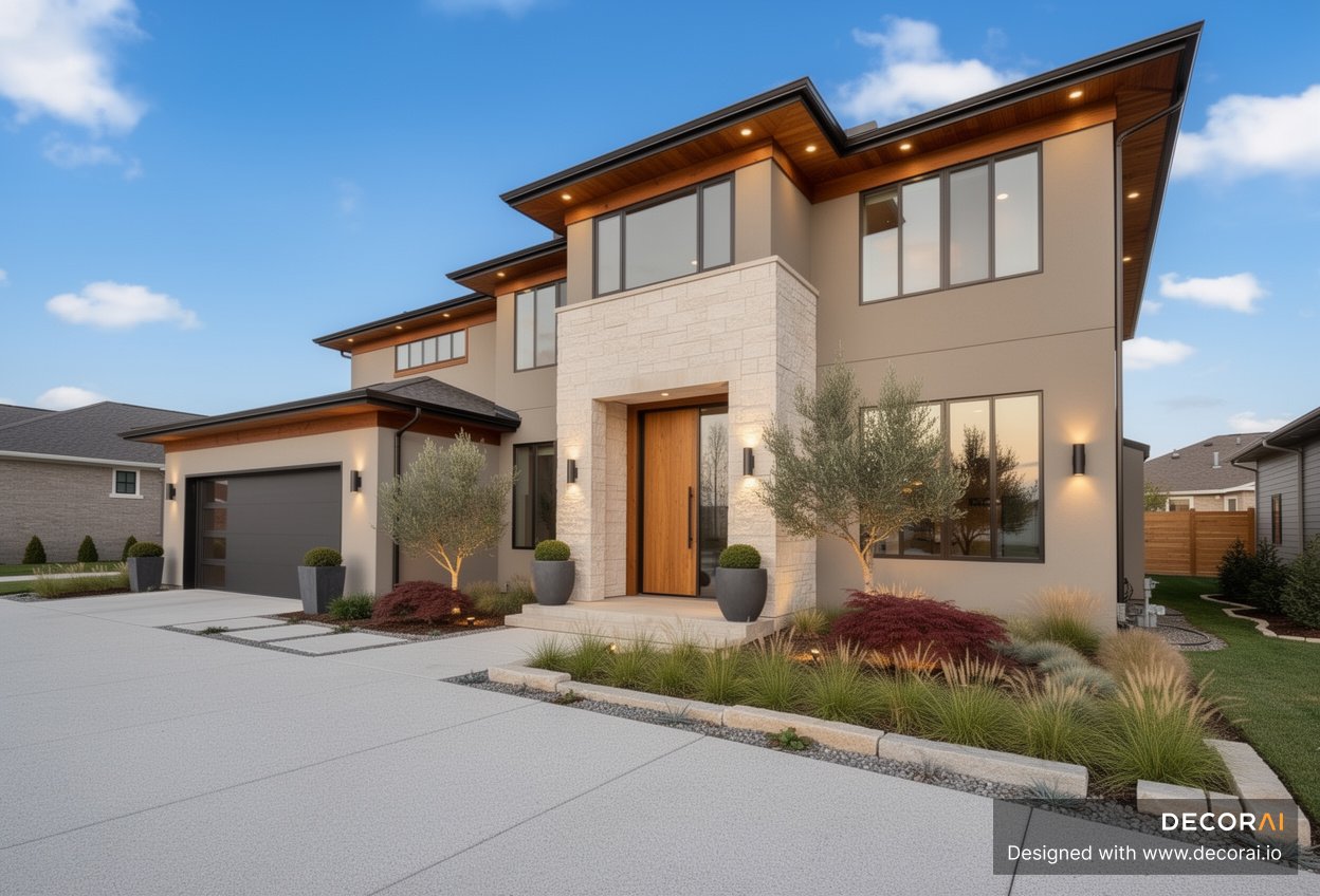 Modern Contemporary house exterior with warm wood accents, stone facade, oversized windows, and minimalist landscaping