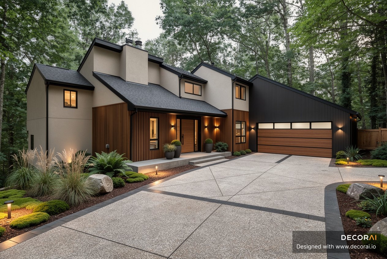 Modern Woodland house exterior with cedar wood accents, charcoal trim, modern landscaping, and warm exterior lighting