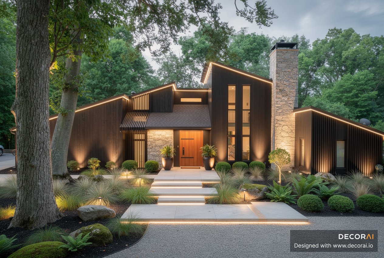Luxury woodland modern house exterior with warm lighting, vertical wood siding, stone chimney, and modern landscaping