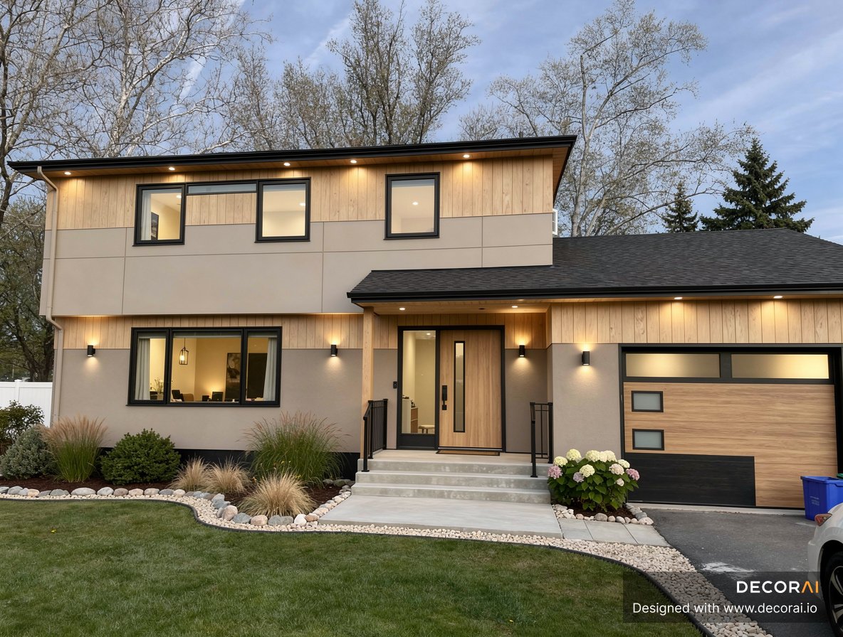Modern Scandinavian house exterior with warm wood siding, black accents, minimalist landscaping, and modern lighting