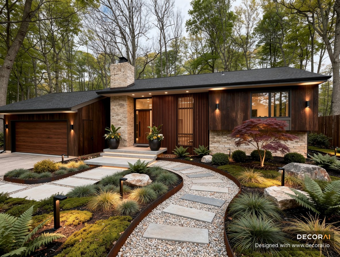 Luxury mid-century modern woodland home exterior with warm cedar siding, natural stone accents, modern landscaping, and illuminated pathway