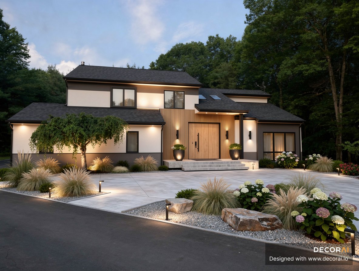 Modern Scandinavian house exterior with warm wood accents, minimalist landscaping, and soft architectural lighting